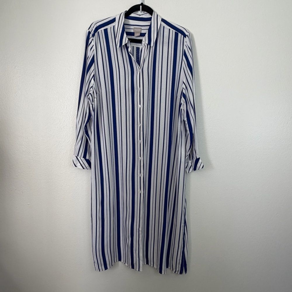 Chico’s Shirt Dress Blue And White Stripe Rayon Lightweight Sz 3P (XL 16) Petite